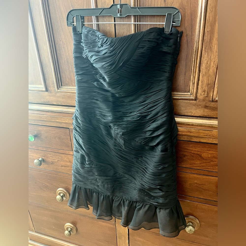 Halston Heritage Black Strapless Ruffles and Ruched Dress